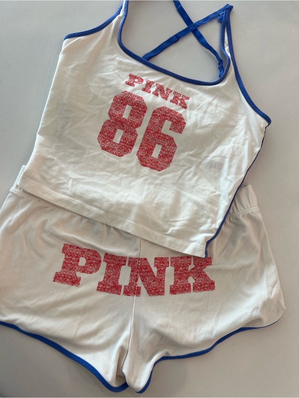 PINK Victoria's Secret White Tank & Shorts Set with Blue Trim and Red Logo